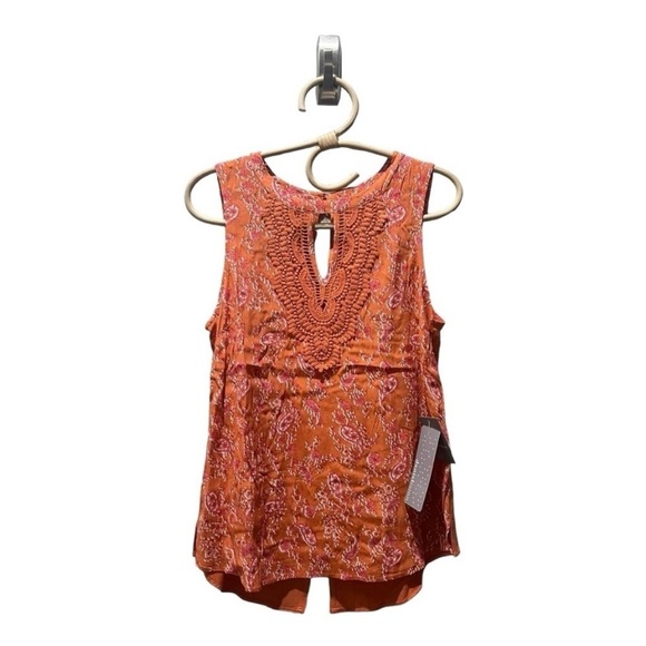Daniel Rainn Mauve Pink & Orange Floral Quin sleeveless keyhole crochet blouse - Picture 1 of 7